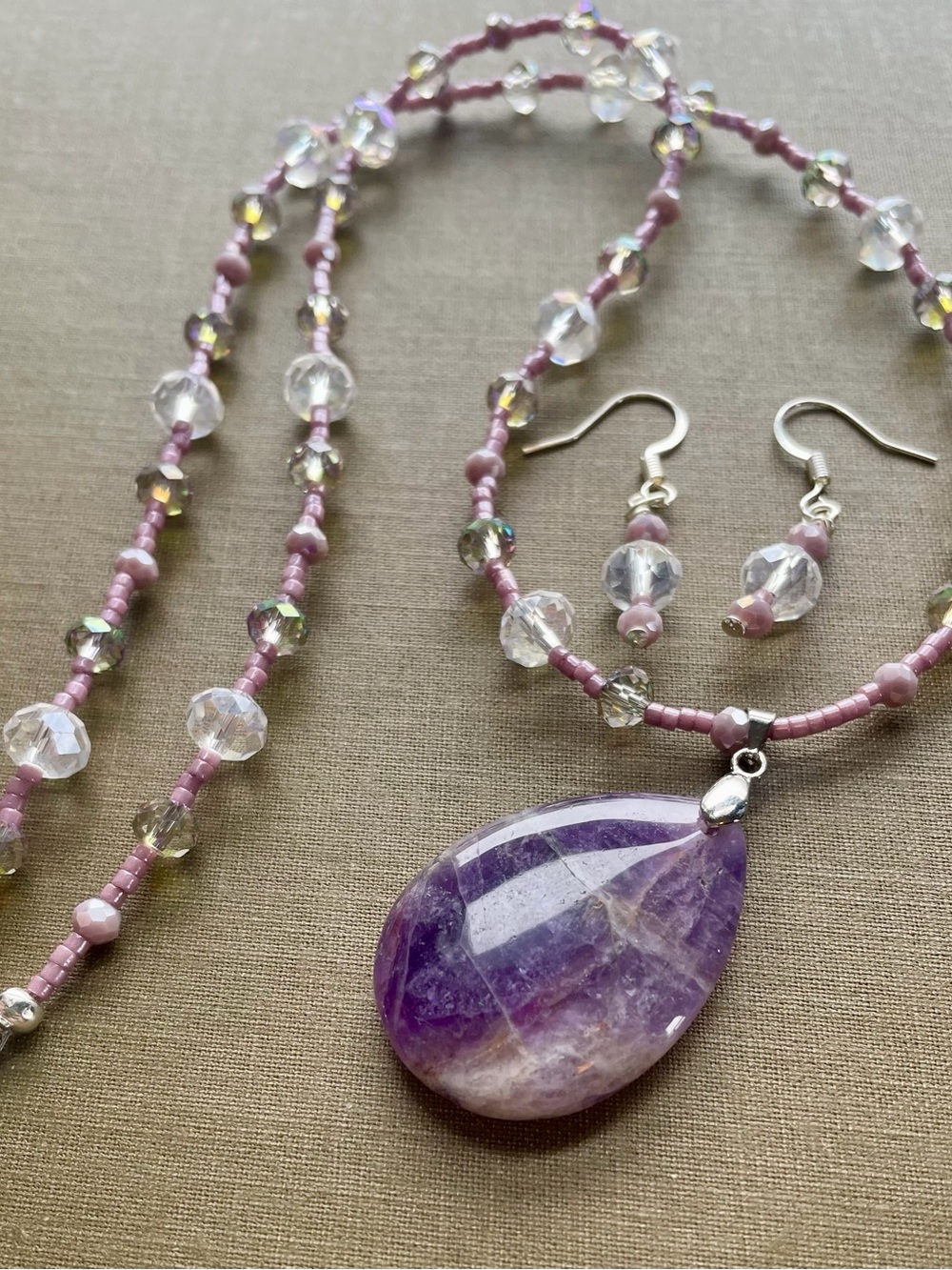 Purple Amethyst Teardrop Pendant Necklace with Pink Beaded Accents